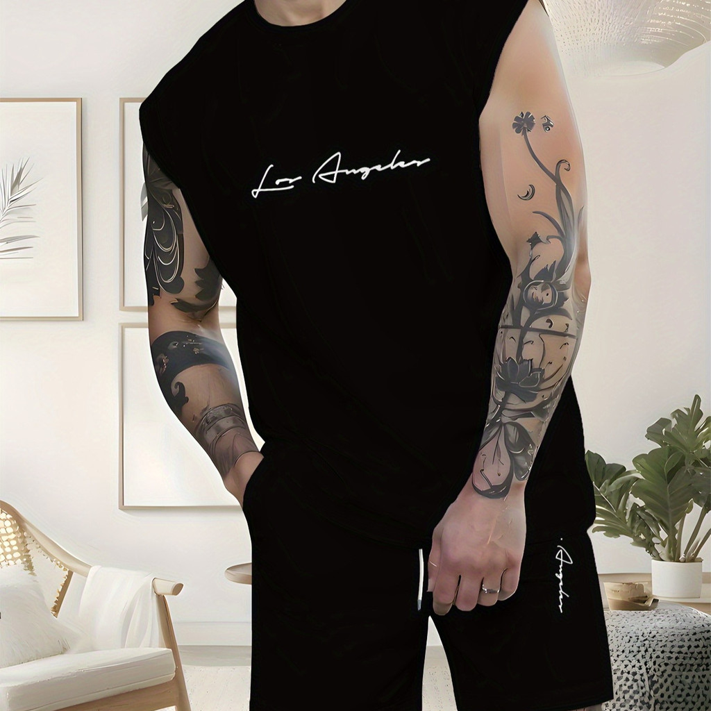 Conjunto Masculino Regata Machão Shorts Los Angeles Verão Streetwear Academia Casual Esportivo Confortável Estampado