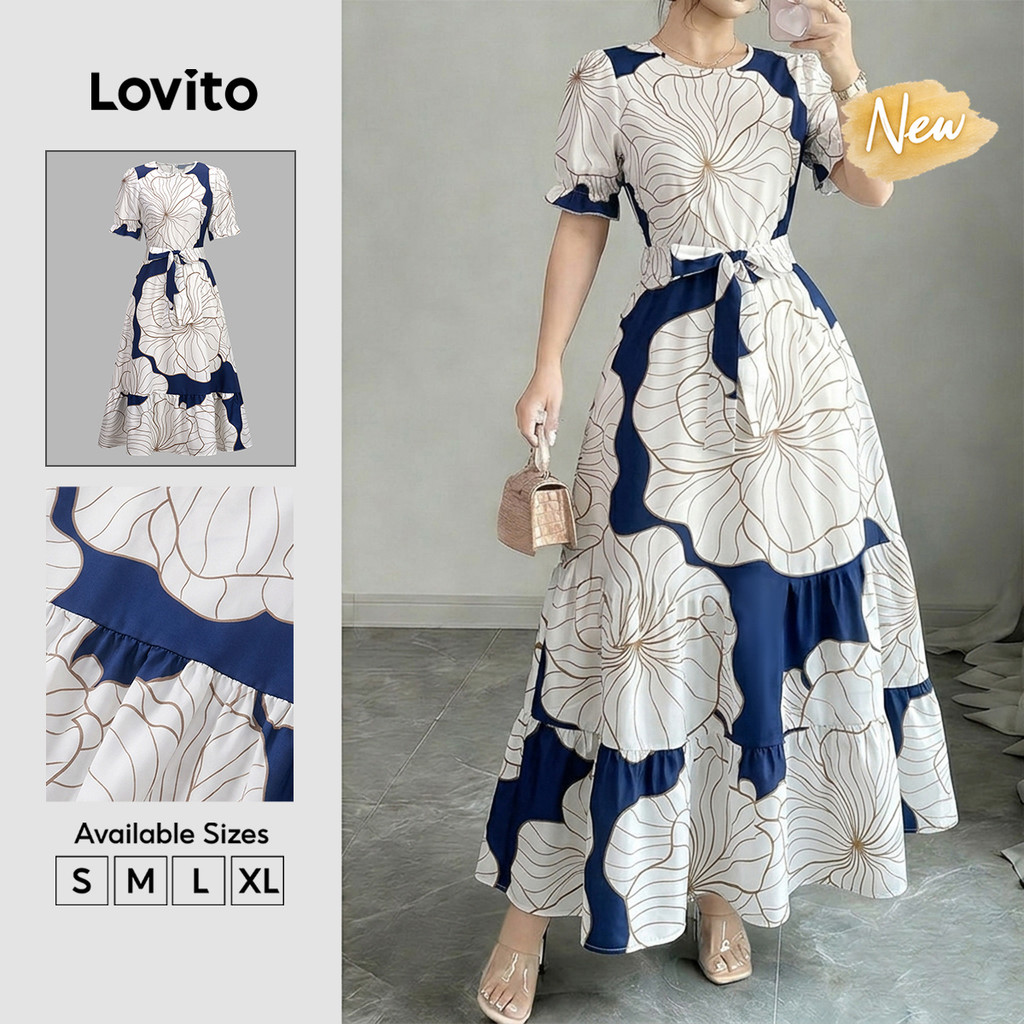 (New Arrival) Lovito Casual Vestido Longo Com Babados Floral Férias Primavera Verão Para Mulheres DRB39BR064