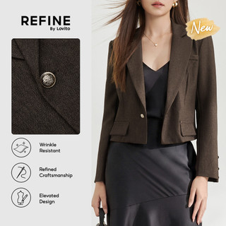 (New Arrival) (Refine by Lovito) Blazer Feminino Marrom Manga Longa Gola Chanfrada Fivela metálica Bolso Falso BZR44P1D086