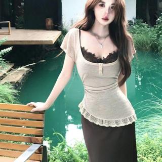 [Nova chegada] puro desejo estilo café cor Irregular manga curta topo feminino verão plissado renda guarnição costura ve