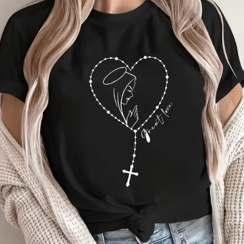 Camiseta Blusa Feminina Oversized Coração Terço com Maria Fé Católica Religiosa 100% Algodão Estampada