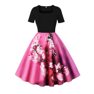 Retro rosa borboleta impressão vestido de comprimento médio pescoço quadrado manga curta preto retalhos posicionamento i