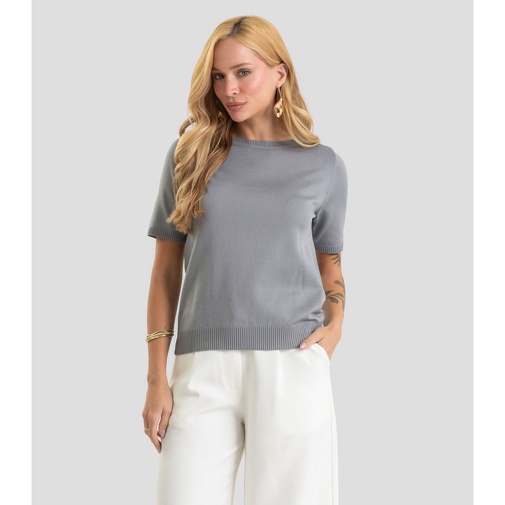 Blusa Feminina Manga Curta Lisa Em Tricot Dianna Cinza