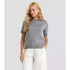 Blusa Feminina Manga Curta Lisa Em Tricot Dianna Cinza