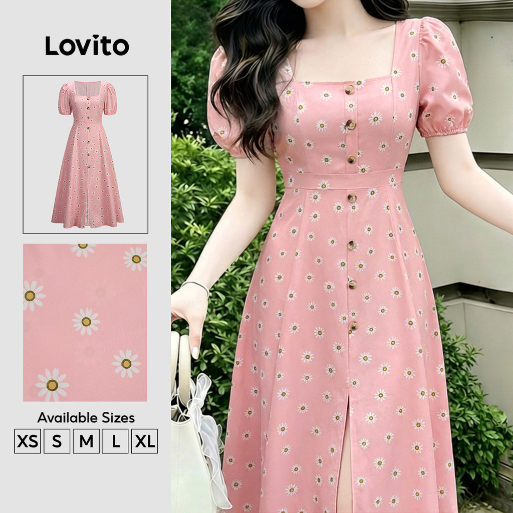 Lovito Vestido Elegante com Botões e Flores Estrutura com Linhas para a feminino DRK8P2D664
