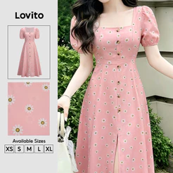 Lovito Vestido Elegante com Botões e Flores Estrutura com Linhas para a feminino DRK8P2D664