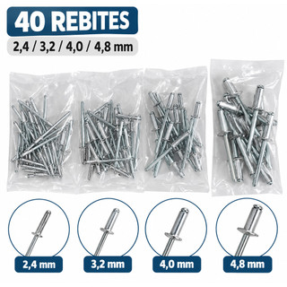 Kit 40 Rebites Pop 2,4 / 3,2 / 4,0 / 4,8 mm