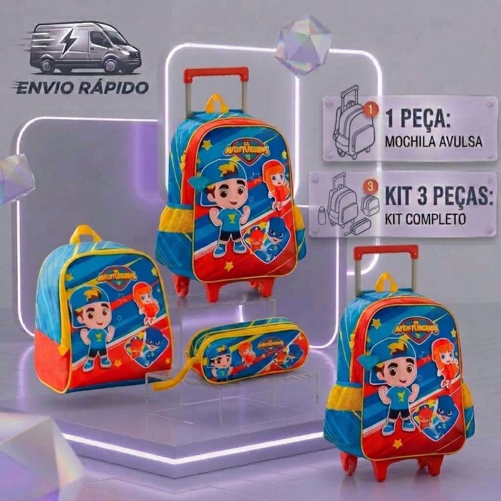 Kit Mochila + Estojo + Lancheira Os Aventureiros Luccas Neto Infantil Original Escolar com Rodinhas Reforçada