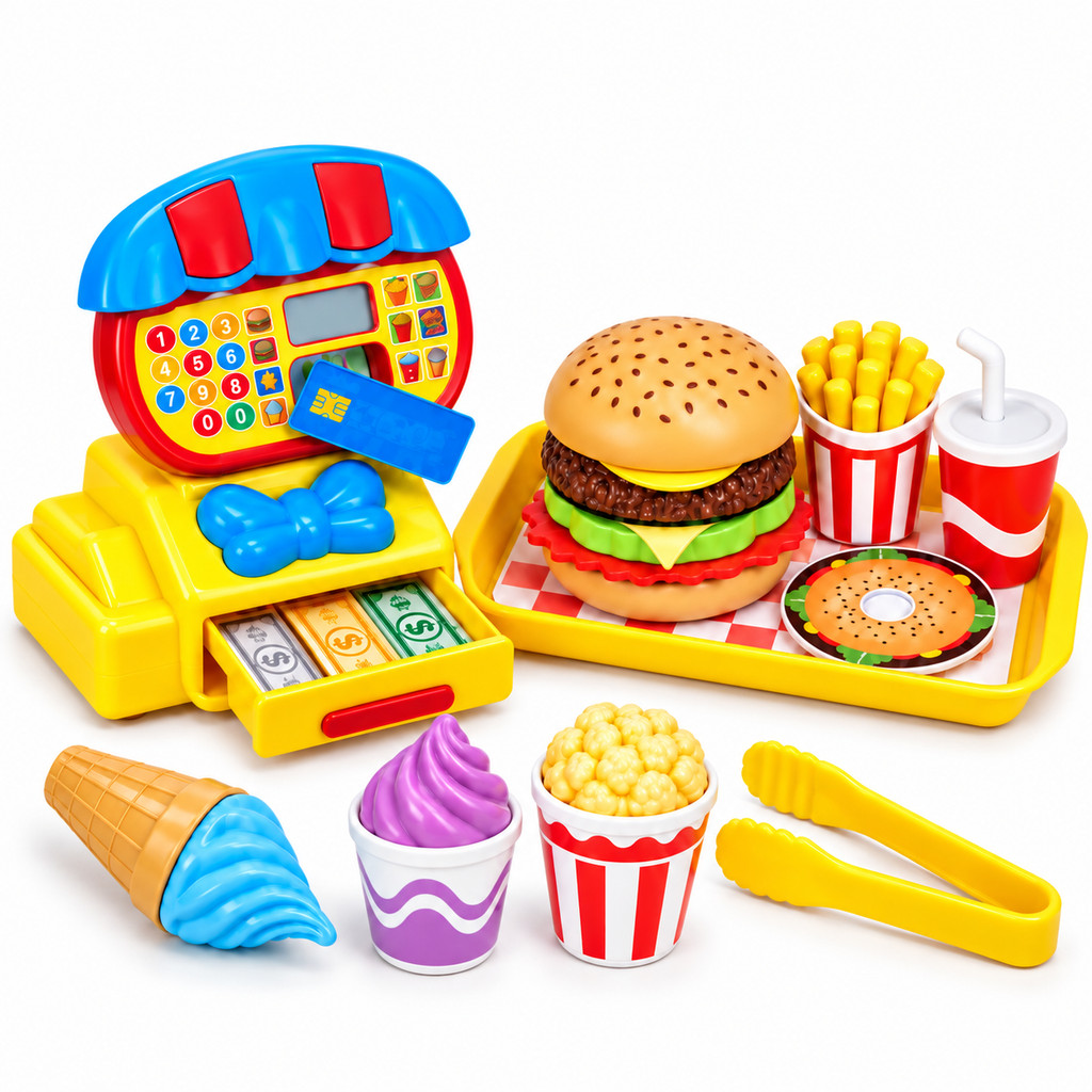 Kit Lanchonete Brinquedo 10 Peças Caixa Registradora Comidinha Hambúrguer Sorvete Batata Bandeja Menina Kizumba