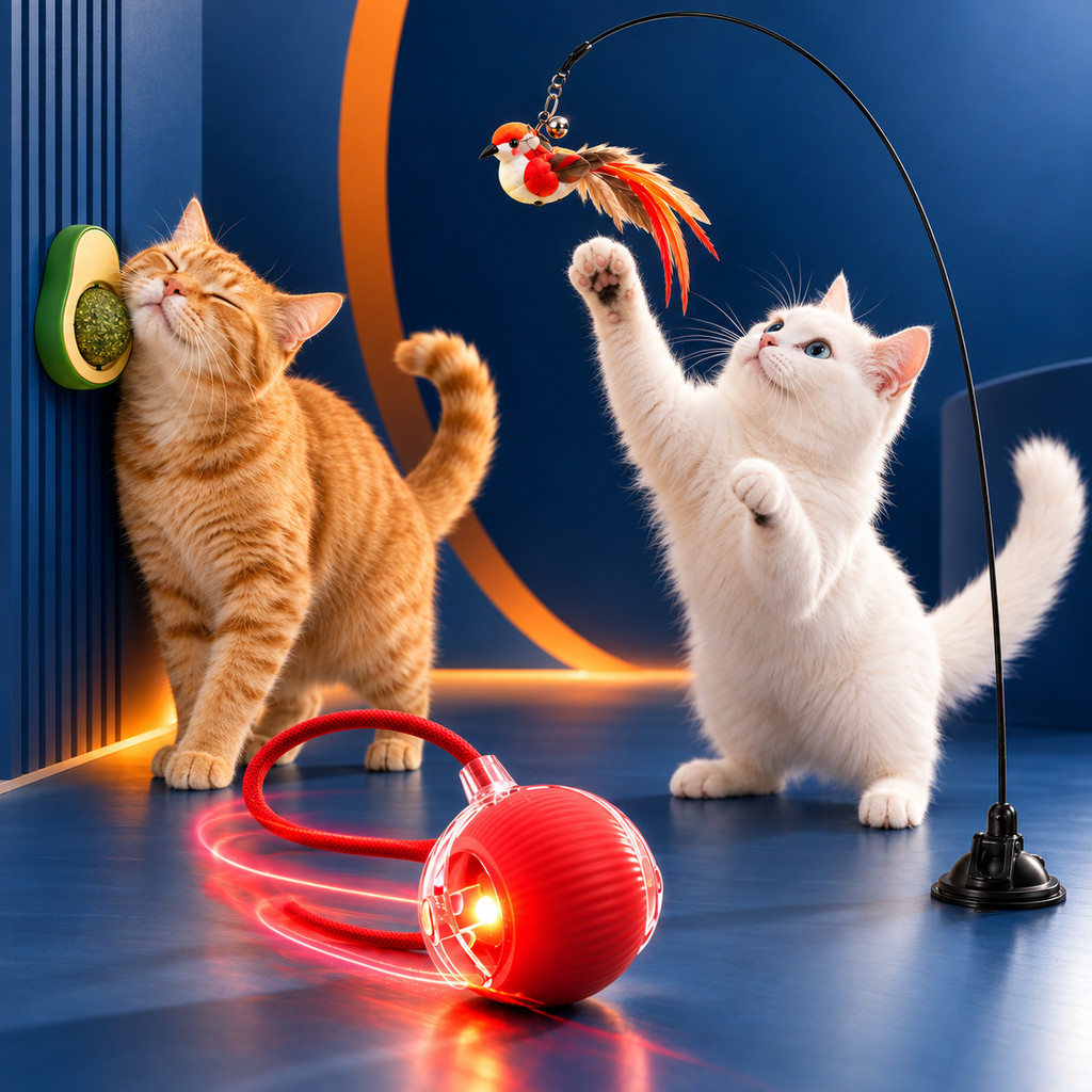 Kit Brinquedos Interativos para Gatos Bolinha Automática + Abacate Catnip + Varinha com Ventosa Pássaro