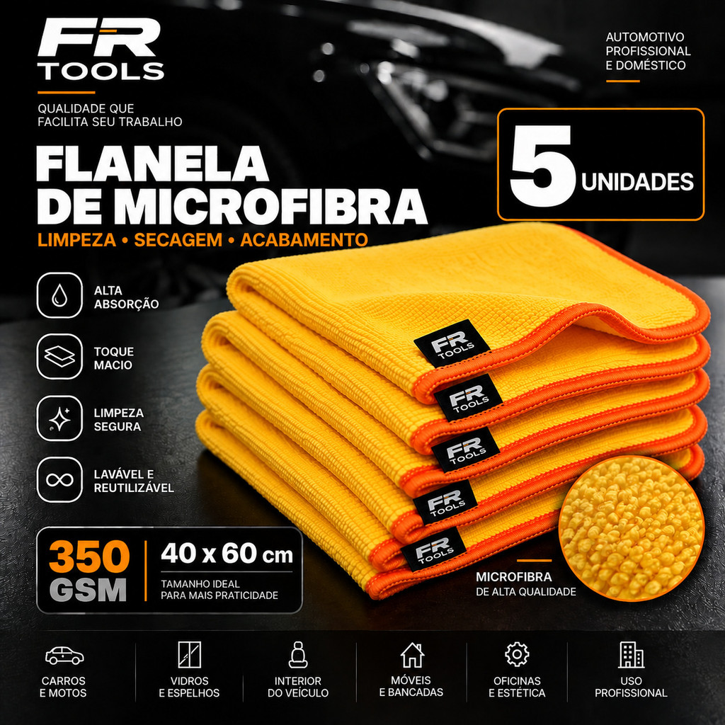 KIT 5 FLANELAS DE MICROFIBRA 350 GSM – 40x60 CM -  FR TOOLS