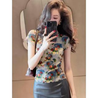 [Promoção por tempo limitado] Camiseta feminina de manga curta com pintura a óleo Floral, decote ondulado de verão, Stre