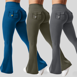 Calças esportivas de bolso ligeiramente colocadas para ioga, Leggings femininas de compressão com listras na b