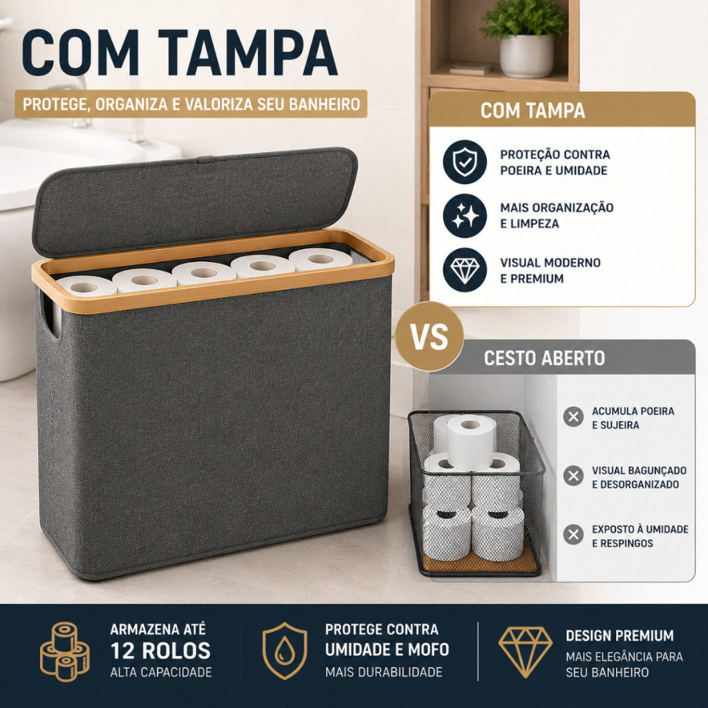 cesto-cinza-1peça Suporte Cesto De Papel Higiênico De Bambu Com Tampa Para Armazenamento De Armário De Banheiro