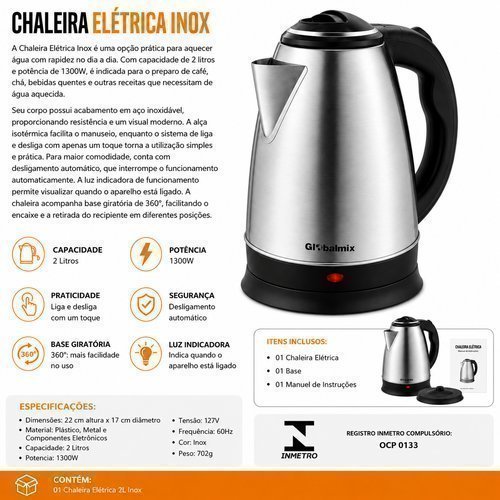 Chaleira Eletrica Inox 2 Litros Rapida Fervura Design Moderno Duravel Praticidade