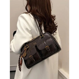Bolsa de ombro feminina em couro PU de cor sólida, estilo retrô, grande capacidade, bolsa transversal com acessórios dec