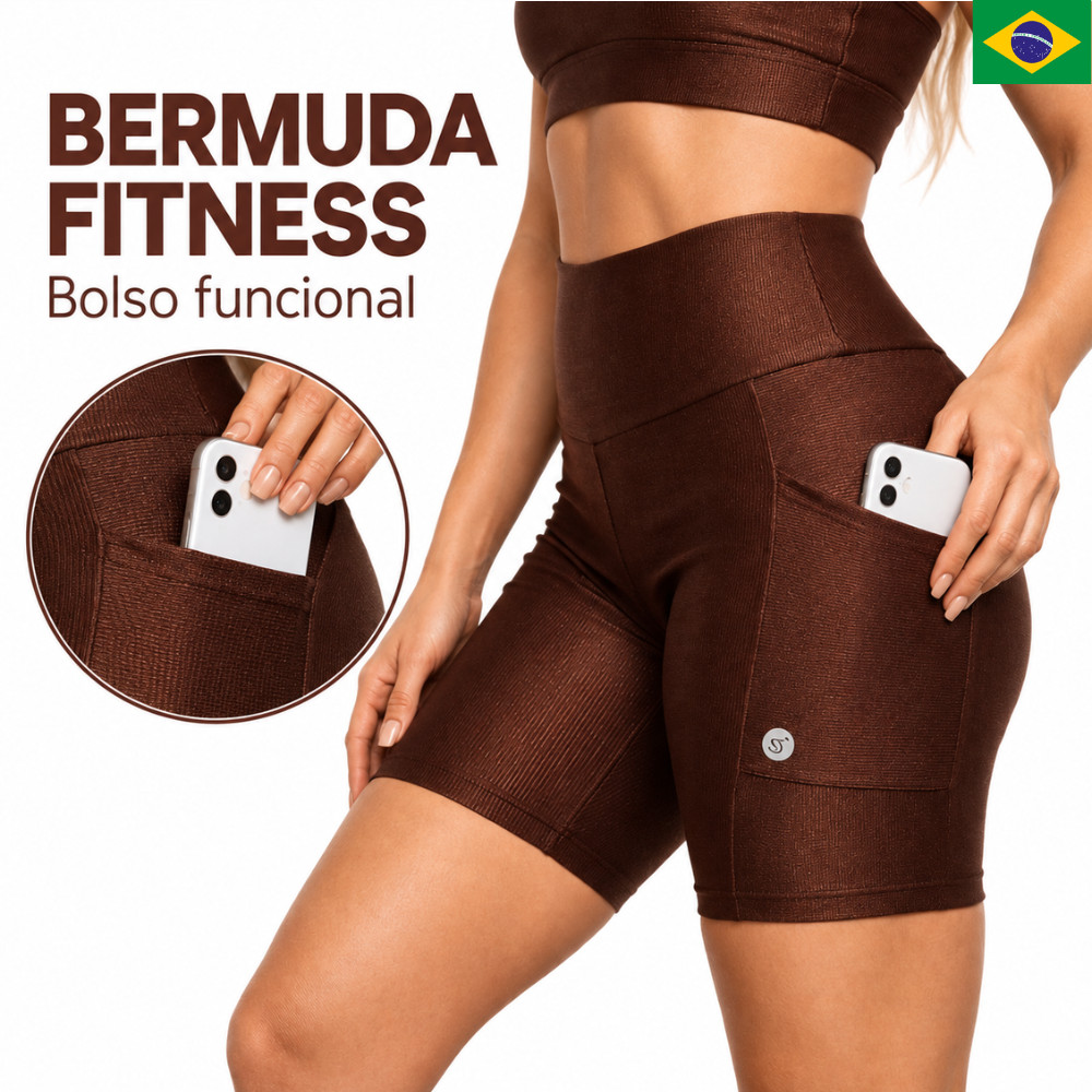 Bermuda Corrida Feminina Compressão Alta com Bolso Cintura Alta Anti Atrito Não Enrola