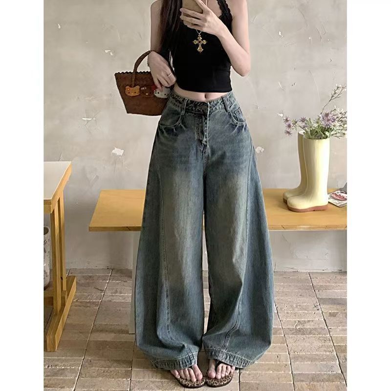 Americano Retro cintura alta Machete Jeans feminino verão high Street Design solto mais magro olhar Drape perna larga es