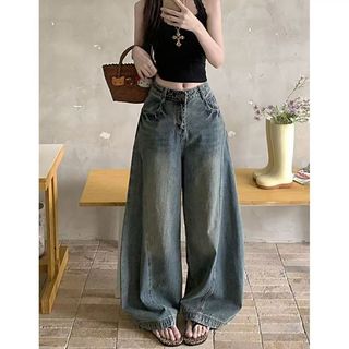 Americano Retro cintura alta Machete Jeans feminino verão high Street Design solto mais magro olhar Drape perna larga es