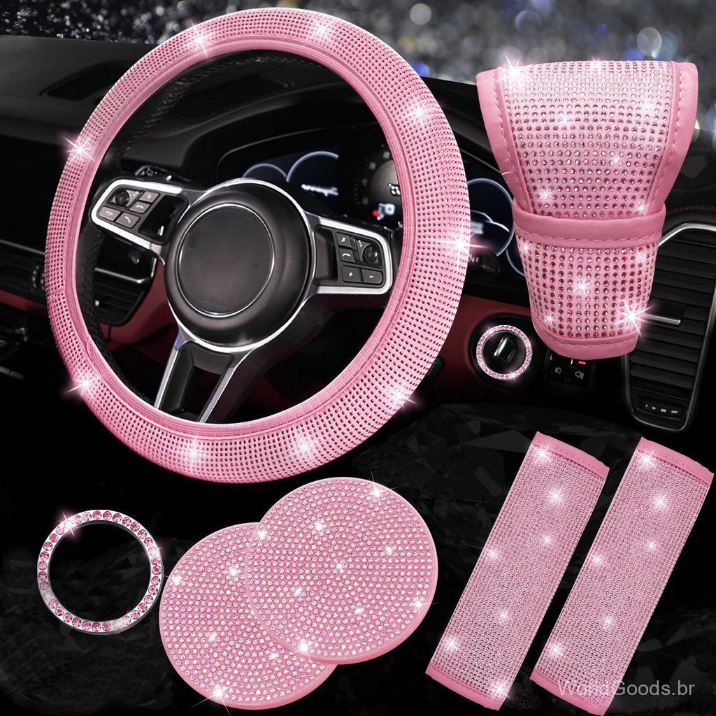 Capa de volante de carro com diamantes, conjunto de 7 peças de acessórios decorativos com strass brilhantes, capa para c