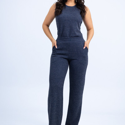 Conjunto Feminino Canelado Calça Pantalona com Elástico e Blusa Regata Gola Redonda Casual - Melissa