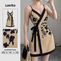 Lovito Vestido Casual Feminino com Laço e Tule de Renda em Bloco de Cores Primavera/verão cáqui DRK9P1D597