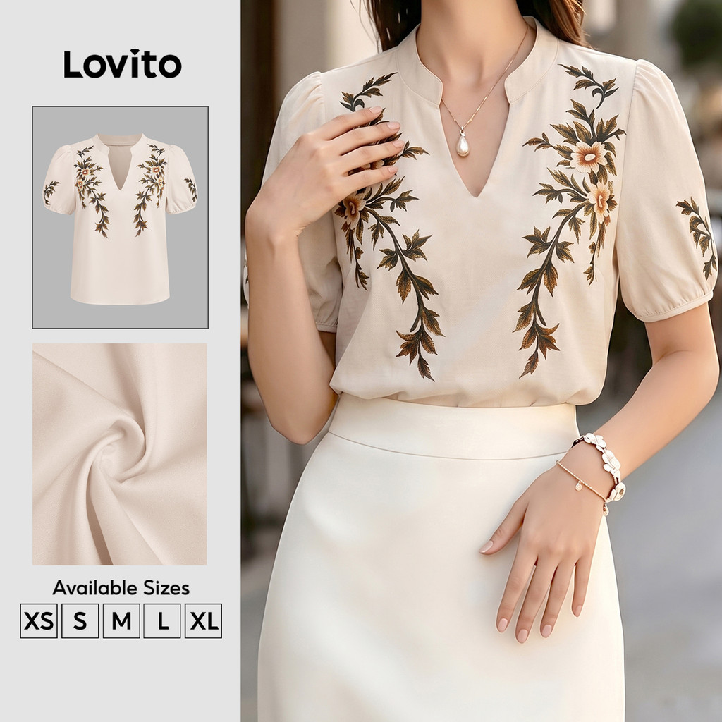 (New Arrival) Lovito Blusa Feminina Elegante Com Estampa Floral Retrô Manga Curta Decote Em V E Pregas Para O Trabalho Na Primavera/verão BLB201P1D499