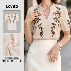 Lovito Blusa Feminina Elegante Com Estampa Floral Retrô Manga Curta Decote Em V E Pregas Para O Trabalho Na Primavera/verão Bordado BLB201P1D499