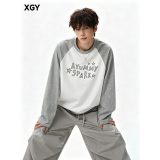 Estilo americano estrela costura manga comprida camiseta masculina Street Wear manga Raglan Design topo Graffiti pintado