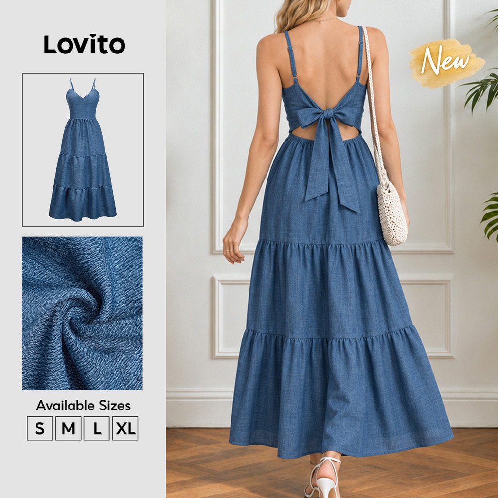 (New Arrival) Lovito Vestido Azul Feminino De Estilo Boêmio Com Costas Abertas Amarração Comprimento Longo E Camadas Para Primavera/verão Trabalho Fins De Semana E Uso Casual DRB40BR085