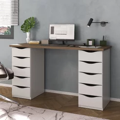 Escrivaninha Mesa Escritório Minimalista com Due 10 Gavetas 136cm Nogal e Branco Artany Nogal/Branco