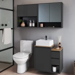 Conjunto para Banheiro Modulado 120cm com 3 Peças Gabinete Suspenso com Cuba Bahamas Grafite