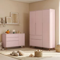 Quarto Infantil Guarda-Roupa 3 Portas e Cômoda 3 Gavetas Retrô 100% MDF Melinda Rosê Rosê