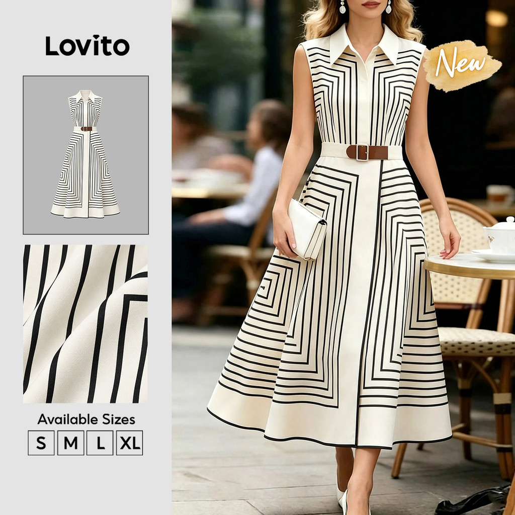 (New Arrival) Lovito Vestido Feminino Longo E Evasê Preto E Branco Com Padrão Geométrico Elegante E Botões Para a Primavera O Verão As Férias E O Trabalho DRK11BR037