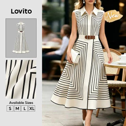 (New Arrival) Lovito Vestido Feminino Longo E Evasê Preto E Branco Com Padrão Geométrico Elegante E Botões Para a Primavera O Verão As Férias E O Trabalho DRK11BR037
