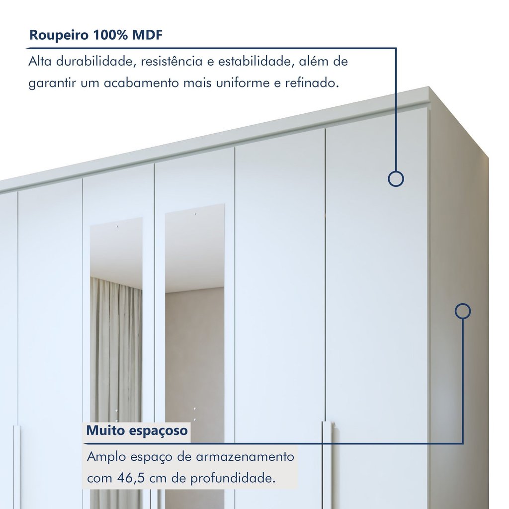 Guarda-Roupa Casal 6 Portas 4 Gavetas com Espelho 100% MDF 230cm Alonzo Branco Branco · foto 2