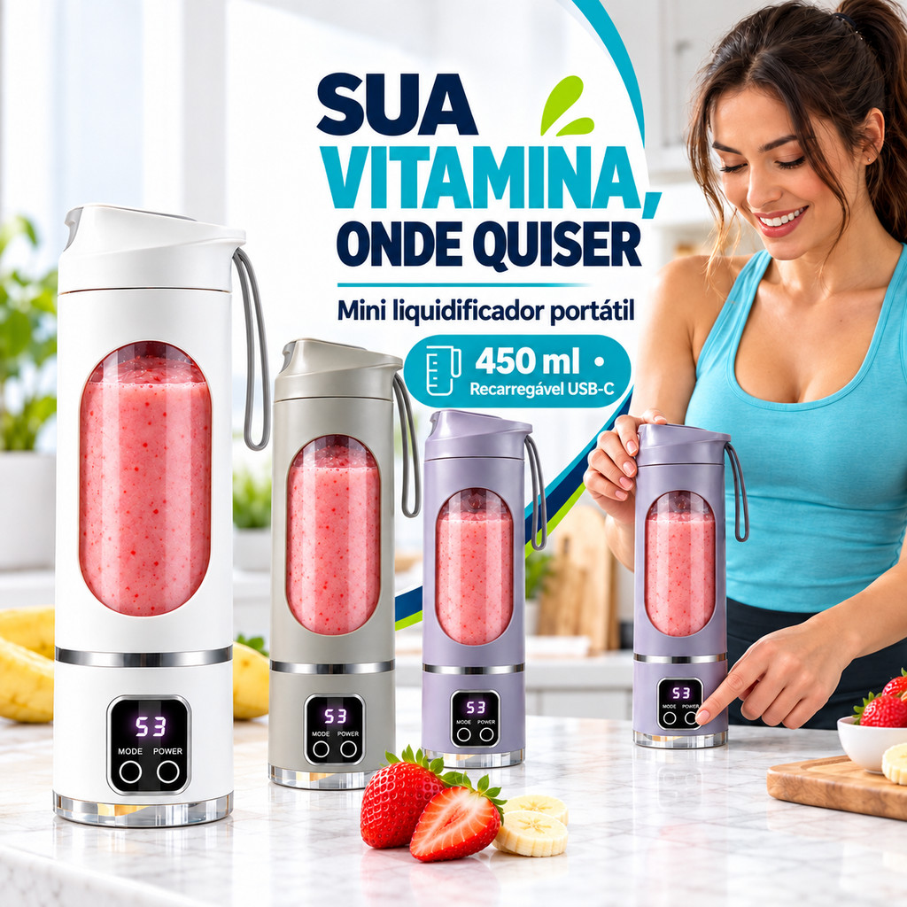 Liquidificador Portátil Recarregável 8 Lâminas 450ml Mini Liquidificador Portátil Shake Suco Recarregavel Usbwhey