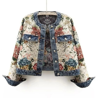 Jaqueta Jeans Vintage Jacquard De Manga Comprida Com Gola Redonda 202605A