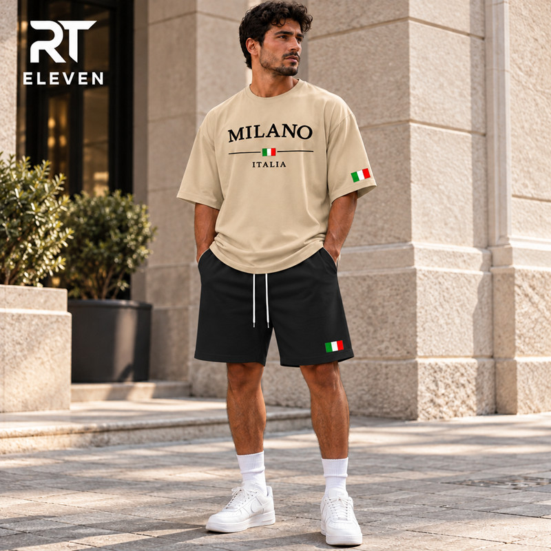 Conjunto Camiseta + Short Moletom Milano Itália Street Camiseta Malha Linha Premium + Short Mauricinho RT Elev