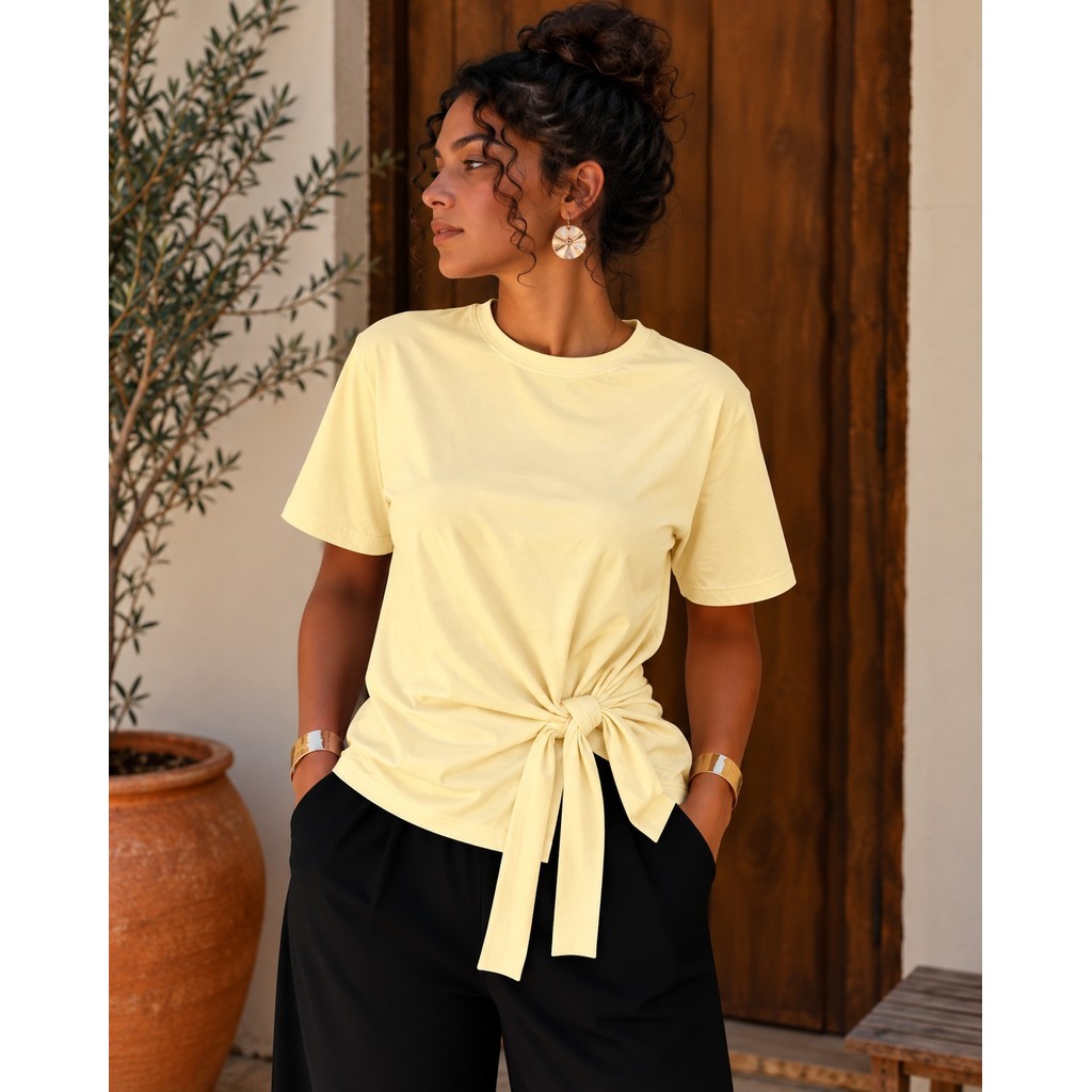 Blusa Feminina Manga Curta com Amarração Estilosa Casual em Algodão Verão