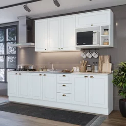 Cozinha Completa Modulada 6 Peças 100% MDF com 3 Balcões e Nicho para Microondas Branco/Calcare Emily Branco