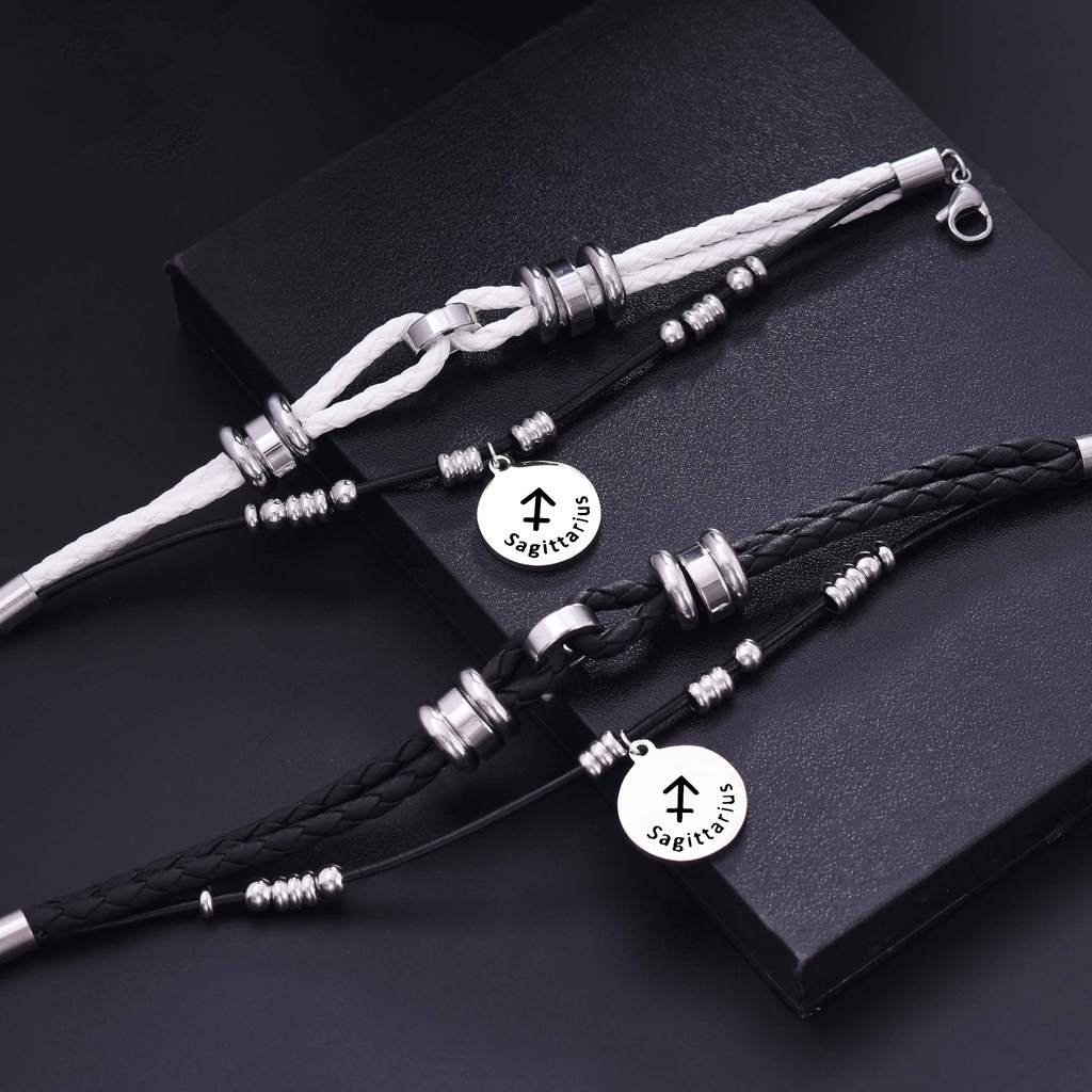 Pulseira trançada dominadora doze constelações casal aço inoxidável corda de couro pulseira masculina versão coreana na 