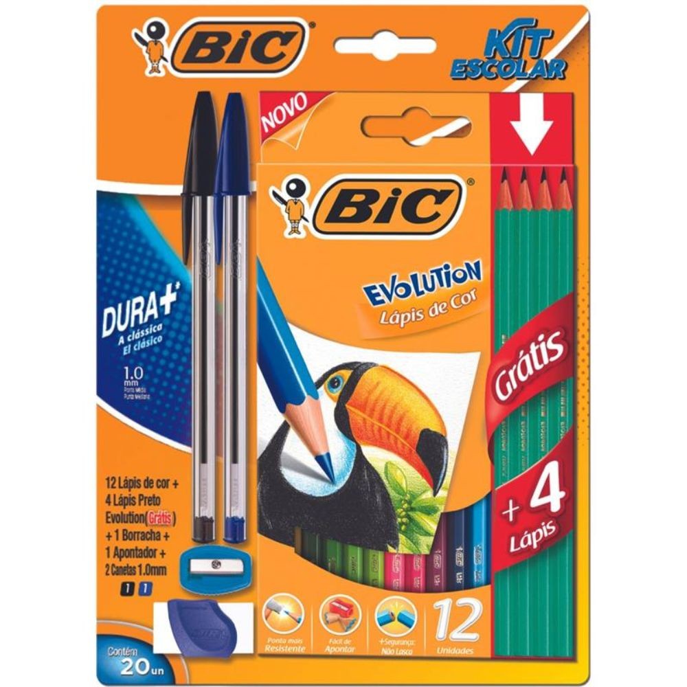Kit Escolar Bic Evolution com Lápis de Cor, 2 Canetas, 4 Lápis, Borracha e Apontador Ref. 533486