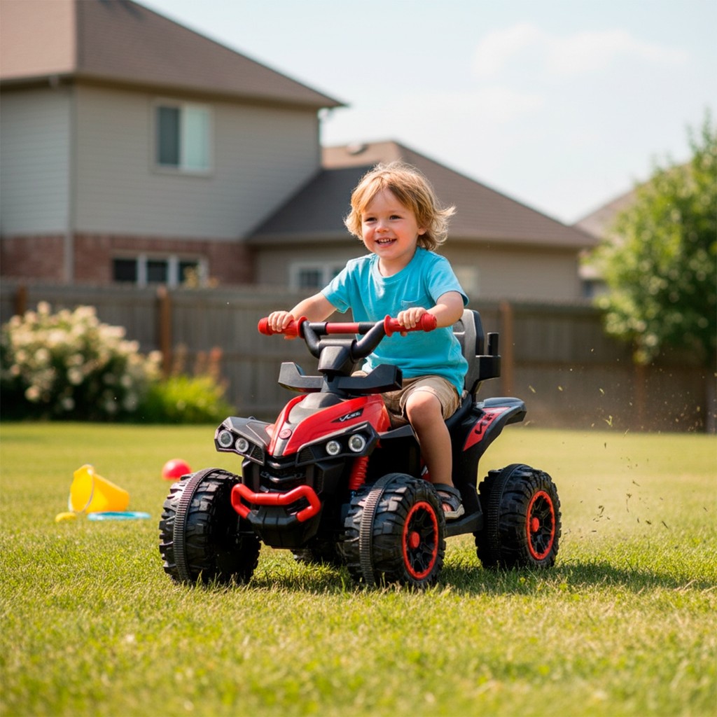 Carrinho Elétrico 6V De Passeio Quadriciclo Infantil Vermelho Com Empurrador Luzes Sons