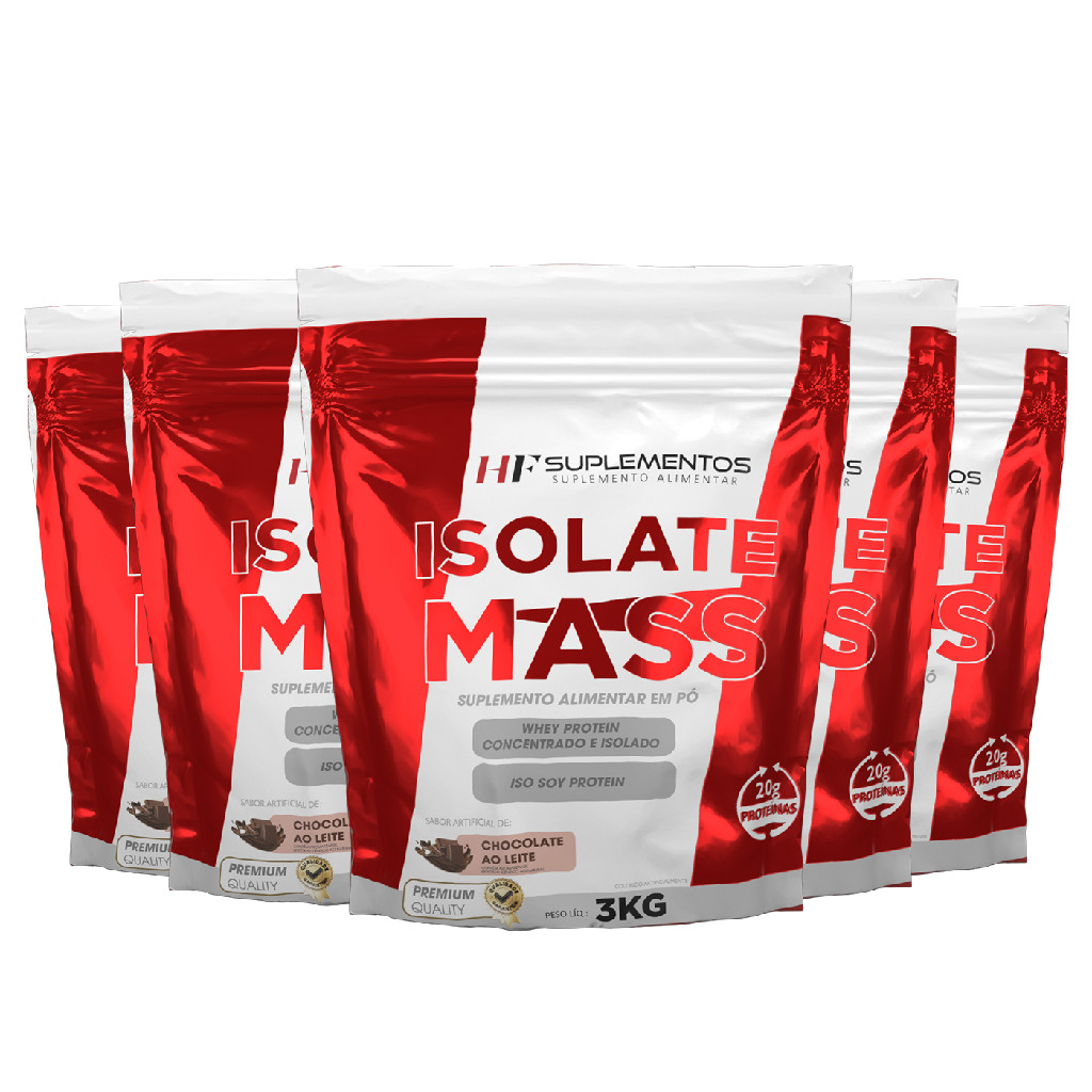 Kit Hipercalórico 5 unidades Isolate Mass Chocolate 3KG Em Pó HF Suplementos – Energia e Desenvolvimento de Massa Magra!