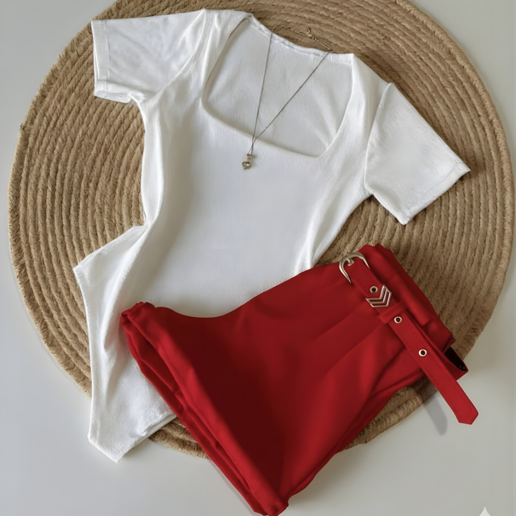 Conjunto 1 Body Gola QUADRADA BRANCO + Short Alfaiataria com cinto Inspiração Moda Bloguei...