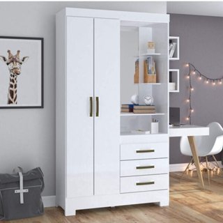 Guarda-Roupa Solteiro com Espelho Penteadeira 2 Portas 3 Gavetas Azura Espresso Móveis Branco em Oferta na Shopee