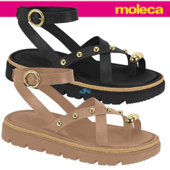 Sandália Moleca Plataforma Rasteira Tratorada Spikes Dourados Conforto