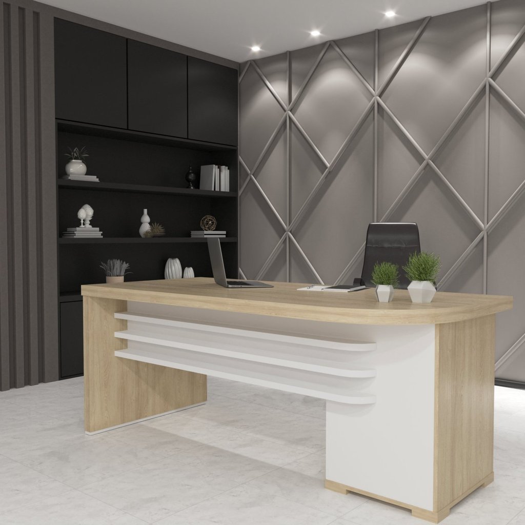 Mesa Executiva para Escritório em Tamburato 4 Gavetas Elegante e Funcional Carvalho/Branco em Oferta na Shopee