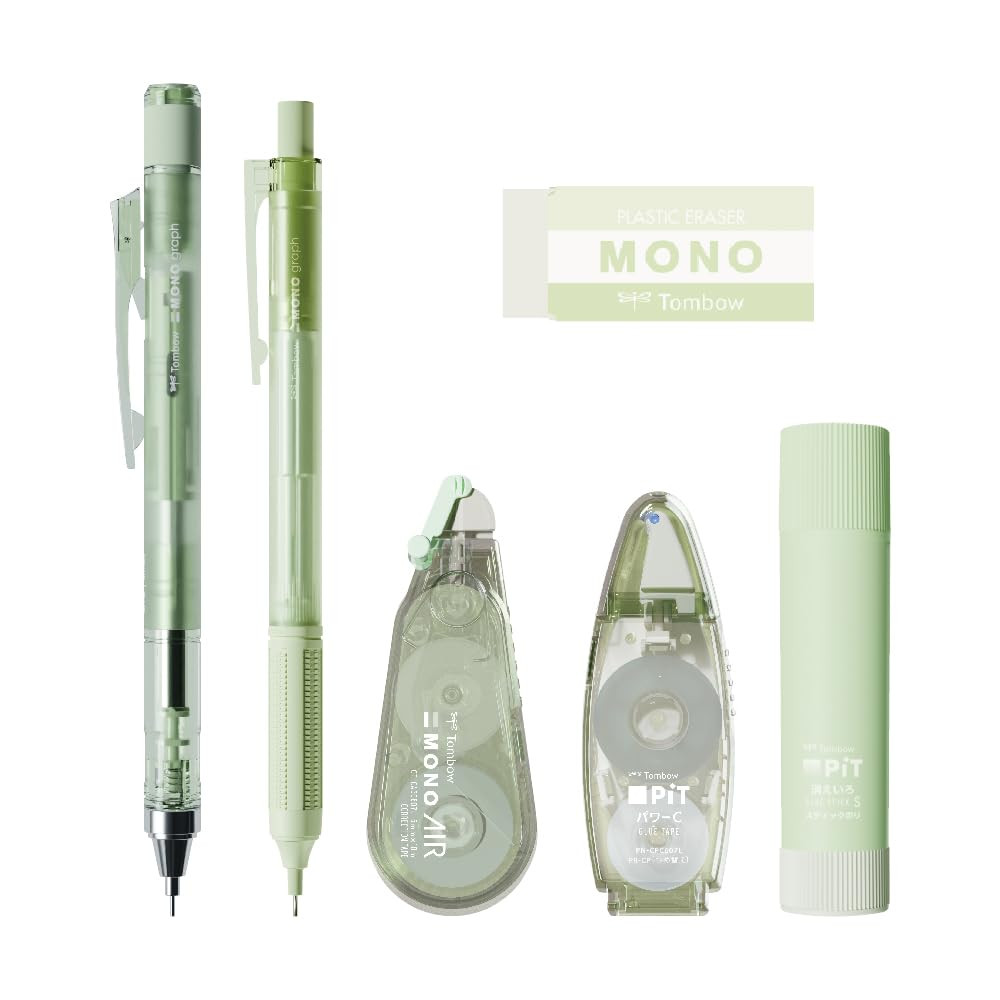 Conjunto de materiais de escritório Tratto MONO × PiT Pastel Glass Verde 6 itens (2 lápis mecânicos 0,5mm, borracha, co
